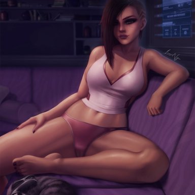 1girls, 2020, abs, belly, breasts, brown eyes, brown fur, cat, cd project red, cleavage, cyberpunk 2077, feet, female, female focus, female only