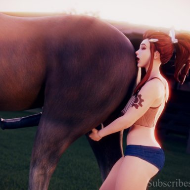 3d, animal genitalia, animal penis, areolae, ball grab, balls, beast rimming, breasts, brigitte, duo, female, grabbing, grabbing from behind, horse, horsecock