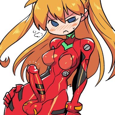 1futa, asuka langley sohryu, balls, big penis, blush, bodysuit, breasts, clothed, clothing, crap-man, dickgirl, embarrassed, erection under clothes, fully clothed, futa only