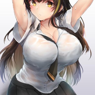 1girl, 1girls, absurd res, absurdres, armpits, bangs, between breasts, big boobs, big breasts, black legwear, black skirt, blush, blushing, boobs, breasts