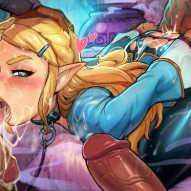 1girls, 3boys, after fellatio, after sex, ambiguous penetration, ass, ass slap, balls, big breasts, blonde hair, blue eyes, blush, bondage, breath of the wild, collar