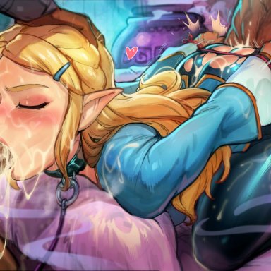 1girls, 2boys, ambiguous penetration, ass, ass slap, balls, big breasts, blonde hair, blush, bondage, breath of the wild, closed eyes, collar, cum, cum bubble