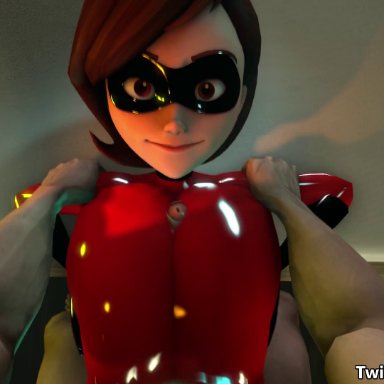 1boy, 1girls, animated, bodysuit, cheating, cum, cum on face, cumupsfm, elastigirl, helen parr, latex, mp4, paizuri, paizuri over clothes, red latex