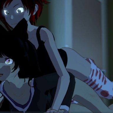 2girls, 3d, anal, animated, ass, ass up, bed, black hair, blake belladonna, bow, breasts, faunus, futanari, happy sex, heart-shaped pupils