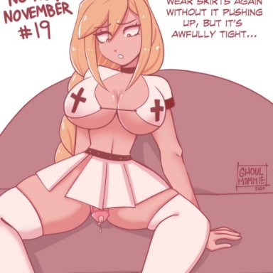 1futa, blonde hair, braid, breasts, chastity, chastity cage, cleavage, clothed, clothing, couch, dialogue, futa only, futanari, ghoulmommie, human