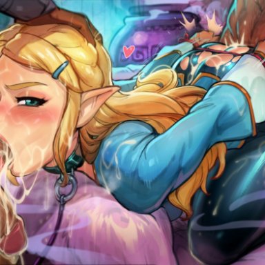 1girls, 2boys, after fellatio, after sex, ambiguous penetration, ass, ass slap, balls, big breasts, blonde hair, blue eyes, blush, bondage, breath of the wild, collar