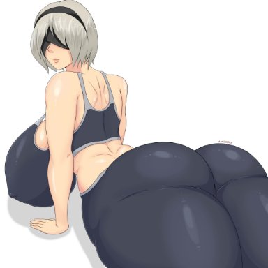 1girls, android, artistdex, ass, big ass, big breasts, black leggings, blindfold, breasts, fat ass, female, grey hair, hairband, huge ass, huge breasts