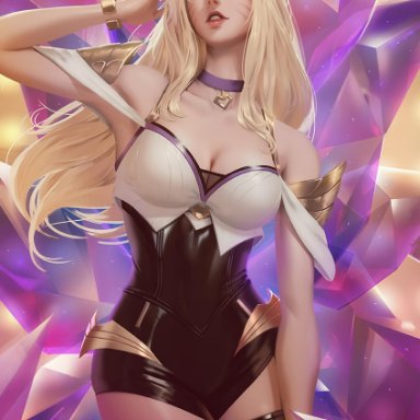 ahri, bare shoulders, big breasts, black clothing, blonde hair, choker, ear piercing, earrings, female, female only, fox ears, fox girl, hand on hair, hips, k/da ahri