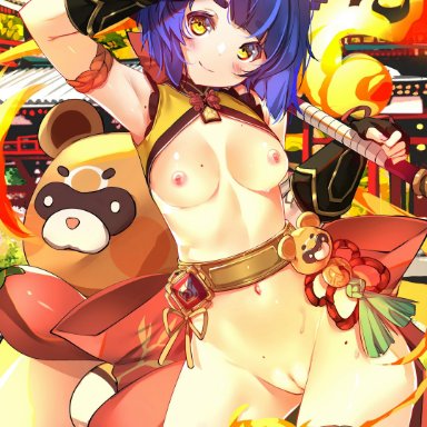 absurd res, armpits, blue hair, blush, female, female focus, female only, genshin impact, hi res, naked, pink nipples, pussy, small breasts, smile, sweat