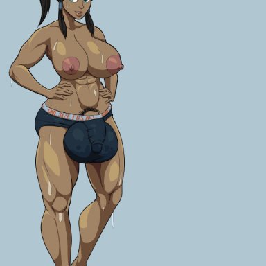 1futa, abs, absurdres, areolae, avatar the last airbender, balls, big penis, breasts, bulge, dark skin, dark-skinned futanari, dickgirl, erection under clothes, futa only, futanari