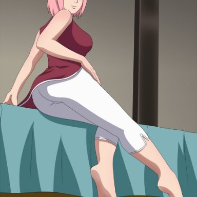 1girls, arekusanderu, ass, barefoot, bed, blush, boruto: naruto next generations, breasts, clothing, dress, facial mark, feet, female, female only, forehead mark