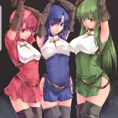 3girls, armor, arms up, bare thighs, bdsm, big breasts, black background, blue eyes, blue hair, bondage, boots, bound, captured, catria (fire emblem), chain