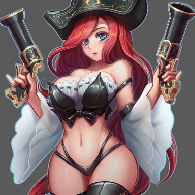 big breasts, blue eyes, fully clothed, holding weapon, league of legends, miss fortune, pirate, provocative, qblade, red hair, sexy