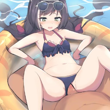 1boy, absurdres, animal ear fluff, animal ears, bangs, bikini, bikini aside, black hair, blush, breasts, cat ears, cat girl, collarbone, eyebrows visible through hair, eyewear on head