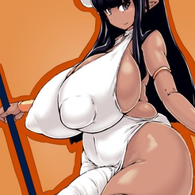 1futa, armlet, big breasts, big bulge, biped, black eyes, black hair, breasts, bulge, clothed, clothing, curvy figure, dark skin, dress, erection