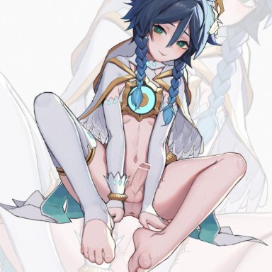 1boy, anus, blue hair, erect penis, femboy, genshin impact, long hair, looking at viewer, male focus, male only, small penis, trap, venti (genshin impact), wide thighs