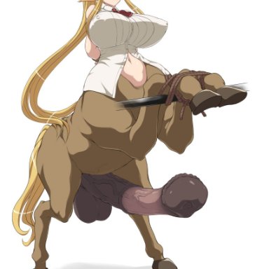 1futa, animal ears, animal genitalia, animal genitals, animal penis, belly, belly button, blonde hair, centaur, centauress, centorea shianus, cock pointing towards viewer, dickgirl, equine penis, errection