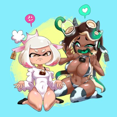 2girls, angry, bigger female, chocolate and vanilla, cleavage, cow ears, cow horns, cow print, cow thong, cowbell, heart-shaped pupils, huge breasts, inkling, marina (splatoon), milking machine