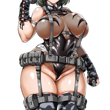 1girls, assassin, belt, belt pouch, beret, big breasts, breast cutout, breasts, cameltoe, camouflage, esper girl amputation union, femdom, fingerless gloves, gloves, goggles