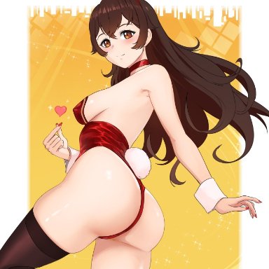 1girls, amber (genshin impact), ass, big ass, breasts, bunny girl, bunny tail, bunnysuit, erect nipples, genshin impact, heart, huge ass, koshiosaur, sideboob