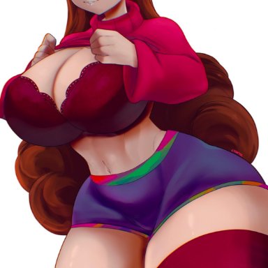 1girls, aged up, big breasts, bra, breasts, brown hair, curvy figure, earrings, female, gravity falls, hairband, huge breasts, huge thighs, implied incest, large breasts