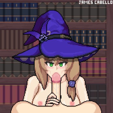 1boy, 1girls, animated, fellatio, genshin impact, james cabello, lisa (genshin impact), male pov, nude, oral, pixel art, pov, witch hat