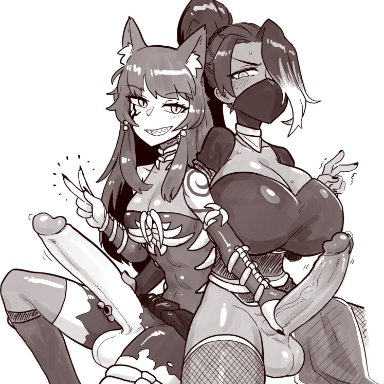 2futas, animal ears, balls, big balls, breast size difference, breasts, clothed, clothing, commission, dark skin, duo, ear tuft, erection, fox ears, futa on futa