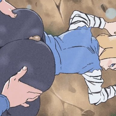 android 18, ass, assjob, big ass, big penis, blonde hair, blush, clothing skin, d-art, dragon ball, dragon ball z, goku, penis, penis between ass, pinned down