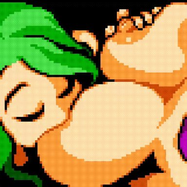 2girls, animated, breast grab, breast sucking, closed eyes, female only, green hair, large breasts, libra heart, pink hair, pixel art, succubus, tower and sword of succubus, yuri