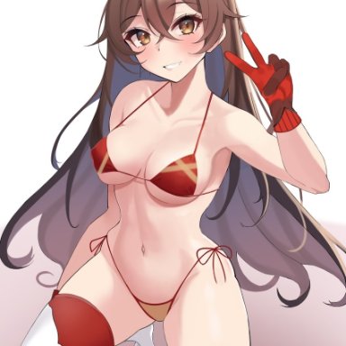 amber (genshin impact), breasts, brown eyes, brown hair, female, female only, genshin impact, panties, ribbon, smile, solo, solo focus, swimsuit, thighs