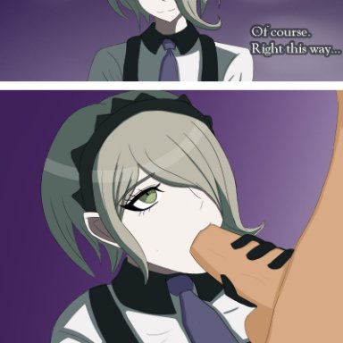 1boy, 1girls, bravebengal, clothed female nude male, danganronpa, danganronpa v3, dialogue, english text, fellatio, hair over one eye, handjob, instant loss 2koma, kirumi toujou, maid, maid headdress