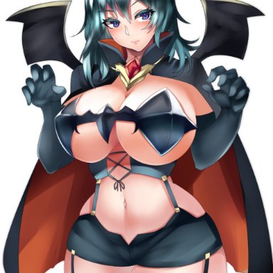 1girl, 1girls, alternate body type, alternate breast size, bat wings, big breasts, blue eyes, byleth (female), byleth (fire emblem), cape, cleavage, collar, corset, curvy, female