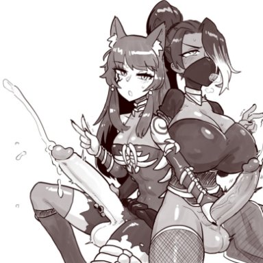 2futas, animal ears, balls, big balls, breast size difference, breasts, clothed, clothing, commission, cum, cumshot, dark skin, duo, ear tuft, ejaculation