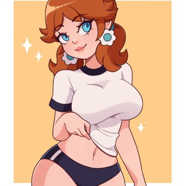 big breasts, big thighs, cremanata art, cute, female, freckles, nintendo, orange hair, princess daisy, solo, super mario bros., thighs