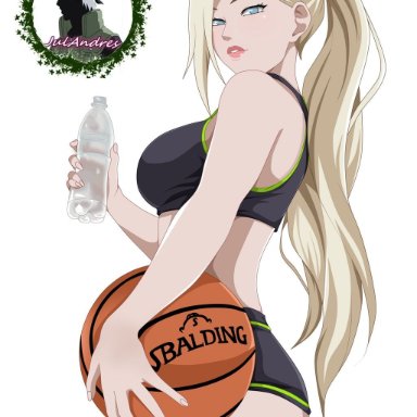 1girls, ball, bangs, basketball (ball), big breasts, blonde hair, blue eyes, booty shorts, bottle, breasts, clothing, female, female only, hair over one eye, holding object