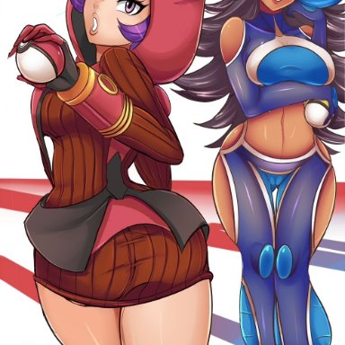 2girls, black hair, clothing, courtney (pokemon), huge breasts, looking at viewer, nintendo, pokemon, pokemon rse, purple hair, revolverwingstudios, shelly (pokemon), team aqua, team magma