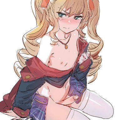 1boy, blonde hair, blush, bow, bow (bhp), closed mouth, commentary, copyright request, crossdressing, drill hair, erection, femboy, from side, full body, green eyes