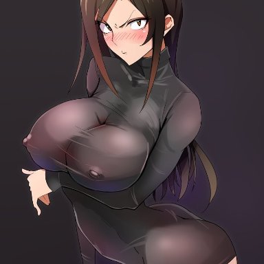1girls, areolae, arm under breasts, artist request, baron (artist), big breasts, black hair, blush, bottomless, breasts, clothed, clothing, erect nipples, female, female only