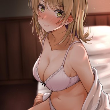 big breasts, blonde hair, blush, bra, ear blush, embarrassed, eye contact, female, imminent sex, isshiki iroha, looking at viewer, my teen romantic comedy snafu, navel, nervous, on bed