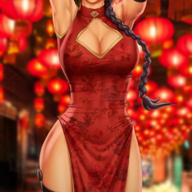 alternate costume, alternate hairstyle, armpits, arms behind head, arms up, big breasts, braid, braided ponytail, breasts, china dress, chinese clothes, cleavage, cleavage cutout, curvy, curvy figure