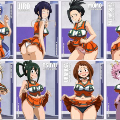 8girls, big breasts, blush, breasts, cheerleader, cheerleader uniform, eye contact, himiko toga, kyoka jiro, looking at viewer, mei hatsume, mina ashido, miniskirt, momo yaoyorozu, my hero academia