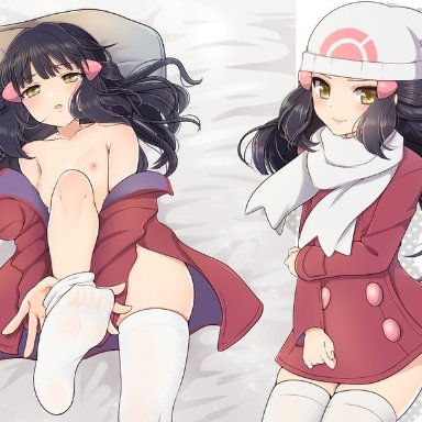 1girls, bed sheet, black hair, breasts, closed mouth, coat, female, hair ornament, hairclip, hat, long hair, looking at viewer, lying, mokorei, nipples