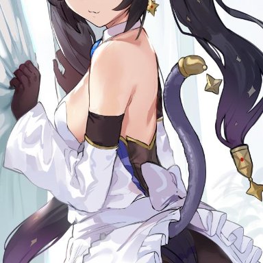 :3, apron, aqua eyes, ass, blush, breasts, cat tail, dat ass, female, female only, genshin impact, hews hack, leotard, looking at viewer, maid