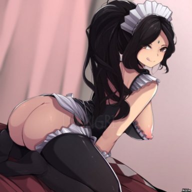 ass, black hair, ddangbi, female, french maid nidalee, league of legends, maid, nidalee