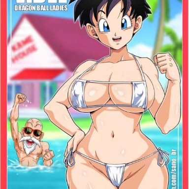 1boy, 1girls, belly, belly button, big breasts, big eyes, bikini, blue eyes, breasts, cleavage, dragon ball, dragon ball fighterz, dragon ball super, dragon ball z, female