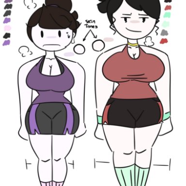 2girls, airpods, black hair, blush, booty shorts, brown hair, character sheet, hairband, jaiden, jaiden animations, jaidens mom, mother and daughter, necklace, ponytail, shoes