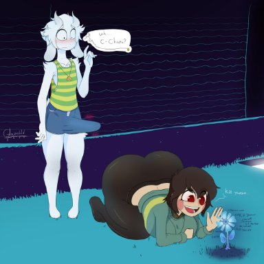 1boy, 1girls, asriel dreemurr, bent over, big ass, big penis, brown hair, bulge, chara, female, glazed (artist), goat, huge ass, huge cock, human