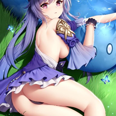 1girls, arm rest, ass, bangs, bare shoulders, black panties, black underwear, breasts, bug, butterfly, cameltoe, detached sleeves, double bun, dress, eyebrows visible through hair
