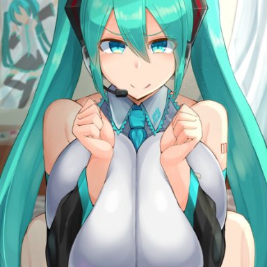 blue eyes, blue hair, facominn, hatsune miku, large breasts, long hair, paizuri