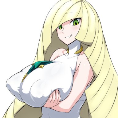 blonde hair, gigantic breasts, grabbing, green eyes, huge breasts, jadf, lusamine (pokemon), pokemon, smirk, tagme